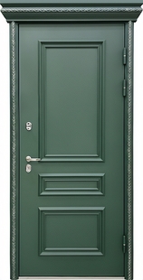 Непромерзающая термодверь с карнизом, металлобагетом и полимерной покраской зеленого цвета